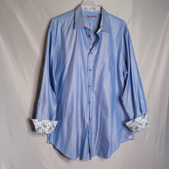 Robert Graham Shirt Mens 47(38/39)Tall SkyBlue Herringbone Long Sleeve Flip Cuff - Picture 3 of 13